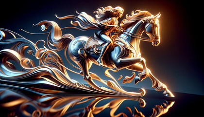 Abstract equestrian sculpture with golden swirls and dark backdrop