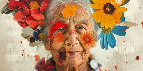 senior Native American woman with flowers adorning her face, presenting an abstract contemporary art collage.