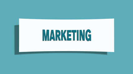 Marketing. Eine weisse Karte mit blaugruener Schrift und Schatten, isoliert auf blaugruenem Hintergrund.