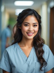 Portrait of smiling young filipina as nurse on scrubs uniform in a hospital background from Generative AI