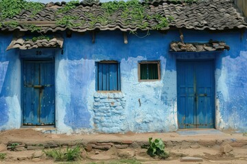 Fototapeta na wymiar a blue farmhouse with dirt floor and two doors, in the style of indian pop culture