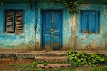 Fototapeta na wymiar a blue farmhouse with dirt floor and two doors, in the style of indian pop culture