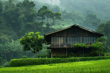 a house is sitting on a dirt path in tropical valley, in the style of organic,  green and brown