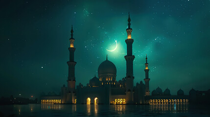 Ramadan Kareem background. Mosque silhouette in night sky with moon and star lights 