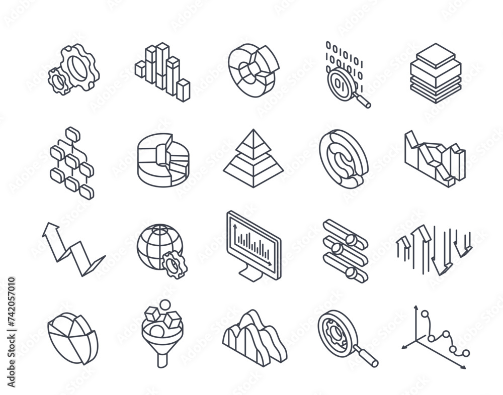 Poster set of data analysis related line icons. simple thin signs with graphs, charts, statistics and infor