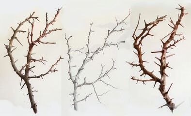 Fototapeta na wymiar set of thorn branches in different colors, in the style of photorealistic painting, white and brown, watercolor-like washes, wood sculptor