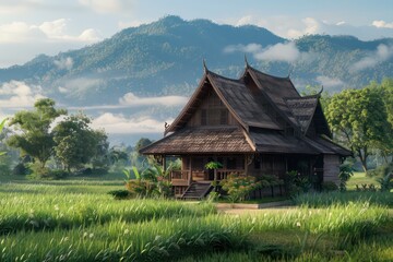 Fototapeta na wymiar traditional house in the middle of the thai countryside you only need one week you will never want to leave