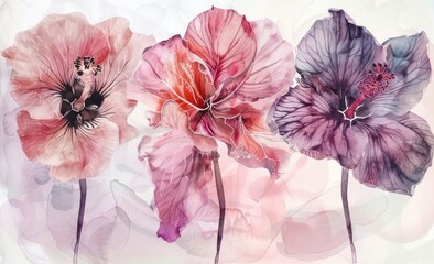 watercolor flower set image, in the style of light violet and light pink, colorful collage, hand-painted details, traditional, bold yet graceful, beautiful, light violet and dark pink 