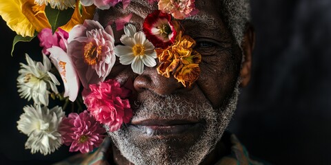 senior Black man with flowers adorning his face, presenting an abstract contemporary art collage.