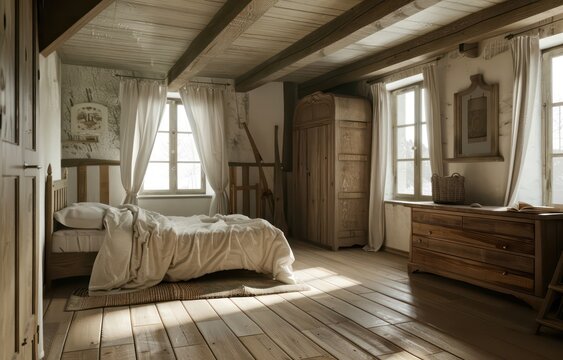 a wooden bedroom with an en suite white, in the style of realistic images, wood, realistic yet ethereal