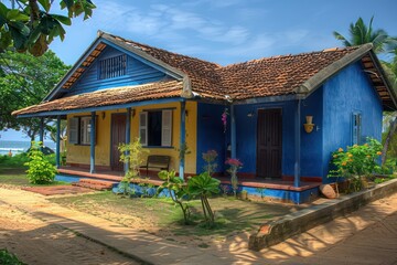 Fototapeta na wymiar an blue clapboard vacation house with tiled roof in a beach area, dark yellow and blue, use of earth tones,