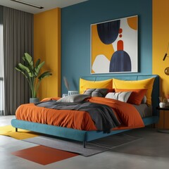 bedroom with an orange and blue bed, in the style of dark aquamarine and yellow, realistic interiors, color field