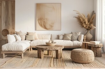 contemporary living room design using wood, in the style of naturalistic colors