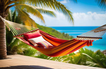 h in the form of a summer landscape with a beach swing or hammock, white sand and calm sea for a...