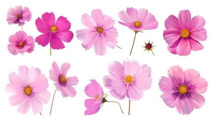different pink cosmos flowers on a white background, in the style of mismatched patterns, hand-painted details