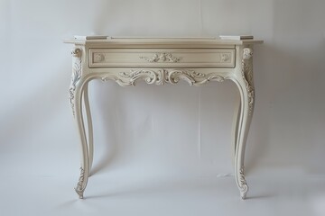 french influenced console table w drawer, in the style of frontal perspective, timeless nostalgia
