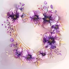 heart with purple pink flowers frame watercolor illustration, in the style of light maroon and light gold, exquisite detail, light pink and light emerald, soft atmospheric scenes, pastoral charm