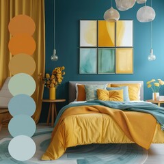 interior bedroom concept in yellow, blue, and orange, in the style of light teal, matte background, vibrant color blocks, light emerald and dark beige