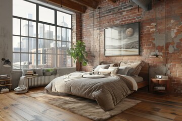 modern bedroom in a loft with brick walls and wooden floors, gray and beige, Australian landscapes, hazy