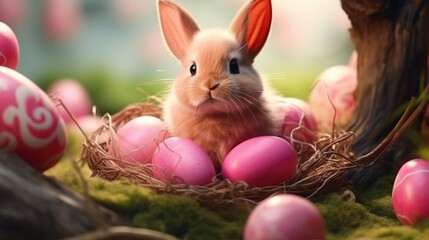 Happy Easter. hare and Easter painted pink eggs. tradition of looking for colorful eggs in the grass. copy space