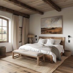 modern bedroom with oak floors and dark wood, in the style of organic expressionist, ivory, realistic landscapes with soft, tonal colors, large-scale canvas, french countryside, 