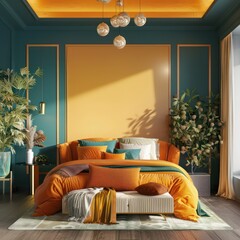 modern orange bedroom, in the style of teal and gold, detailed foliage, vivid color blocks