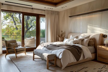 natural wood bedroom styling, textured surfaces, luminous glazes,  organic shapes and curved lines, American styling