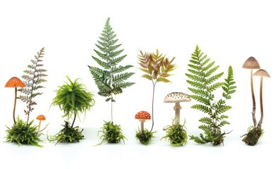 various ferns with mushrooms isolated on white background