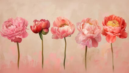 pink flowers are shown as if they are on top of peonies, in the style of photorealistic compositions, nostalgic color palettes, light orange and light gold, vintage-inspired