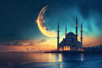 Crescent shaped moon and mosque on night cloudy and starry sky. Muslim holy month Ramadan. Hari Raya day, Eid al Fitr celebration. Islamic holiday concept. Festive greeting card, banner, invitation - obrazy, fototapety, plakaty