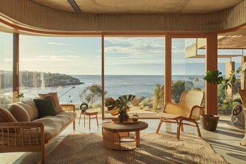 Obraz premium the interior of a room with ocean views and furniture, in the style of woven/perforated, soft tonal range