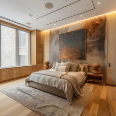 bedroom has wood floors and tan walls, in the style of modern european ink painting