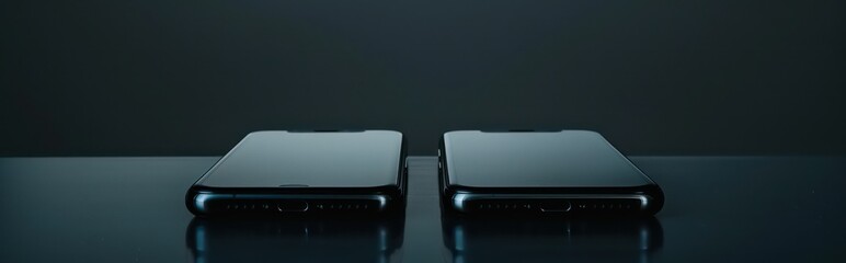 two large black phones and their screen facing each other, in the style of detailed compositions, rounded, light gray and black