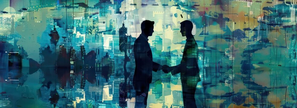 two businessmen shake hands in front of a complex business, in the style of data visualization