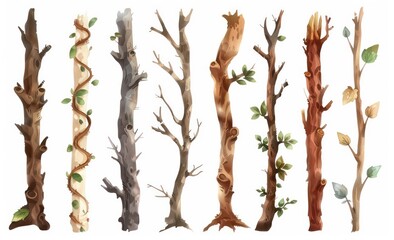 various sticks of thorns with leafs on various bases, in the style of realistic watercolor paintings, light white and brown, realistic landscapes