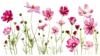 various pink flowers on a white background, in the style of colorful drawings