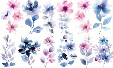watercolor flowers on white background, in the style of light magenta and light indigo, naturalistic depictions of flora