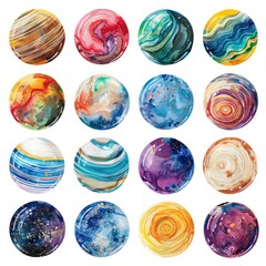 watercolor planets and stars isolated on a white background,  fluid glass sculptures balls