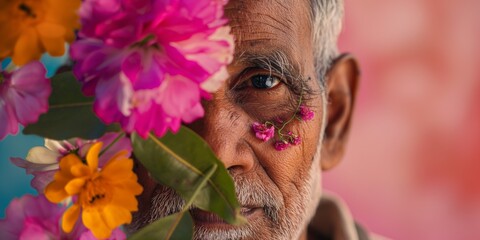 senior Indian man with flowers adorning his face, presenting an abstract contemporary art collage.