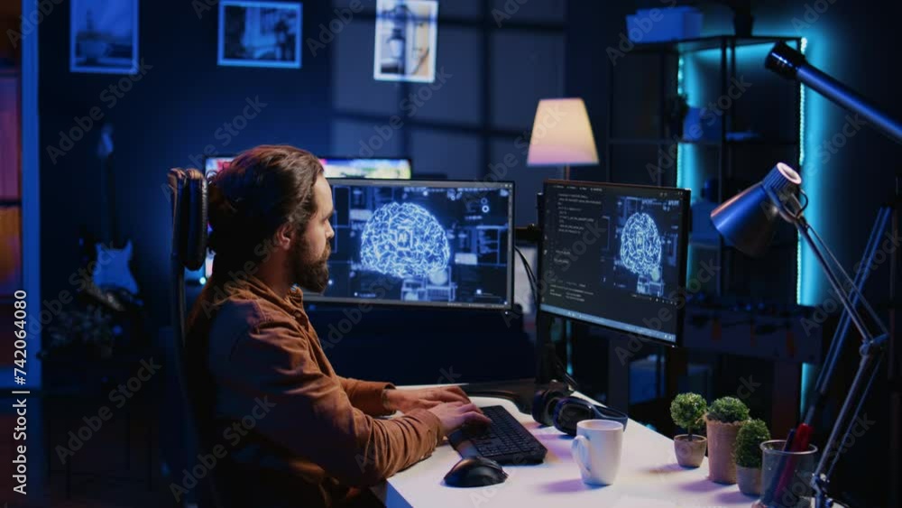 Poster experienced developer uses computer to update artificial intelligence neural networks, writing code 