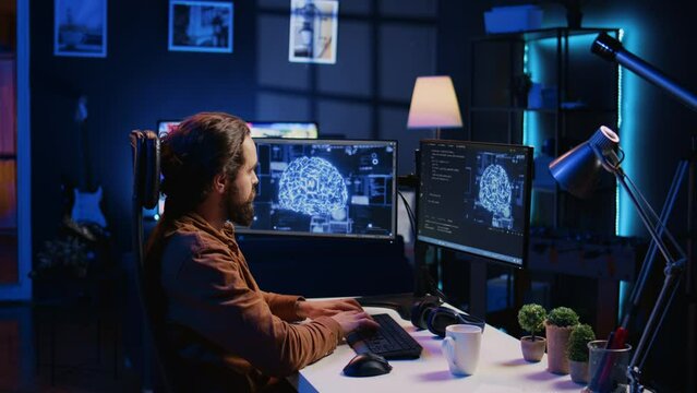 Experienced developer uses computer to update artificial intelligence neural networks, writing code scripts in home office. Remote worker uses programming to upgrade AI simulation model, camera B