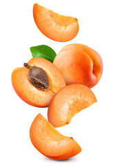 Apricot isolated. Apricot whole, half and slice are flying on white background. Apric with leaves. Falling fruit. Full depth of field. - 742064665