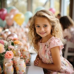 Blond toddler happily arranging flowers at an event with vases and balloons
