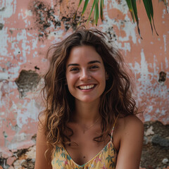 portrait of a woman smiling with palm tree background