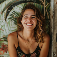 portrait of a woman smiling with palm tree background