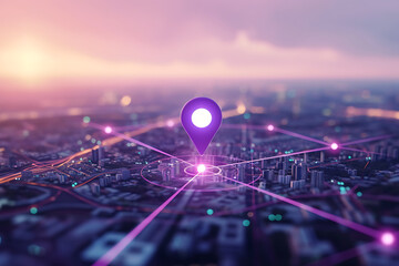 
Purple map pin in cityscape and network connection, indicating the city destination on the map and connection concept