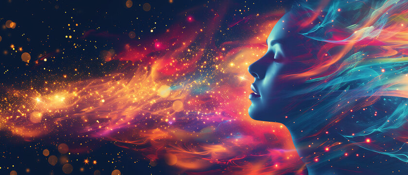 Fantasy abstract of the face of a woman against a colourful digital space background