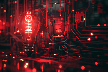A red light bulb against a technology, circuit board background