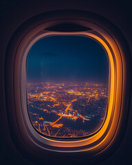Travel photography of a city at night, looking through a plane window. 