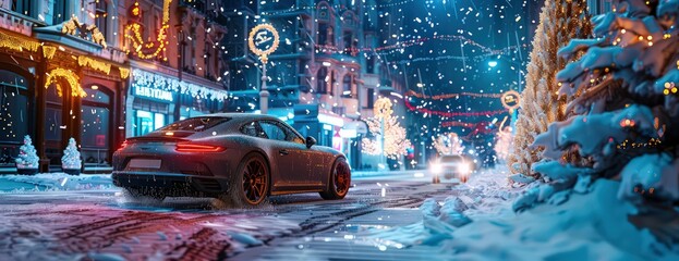 a car is parked on a snow covered street in bright lights, in the style of animecore, silver, dynamic energy flow